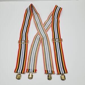 Vtg 80s Red Yellow Blue White Striped Logger Lumberjack Suspenders Metal Clips